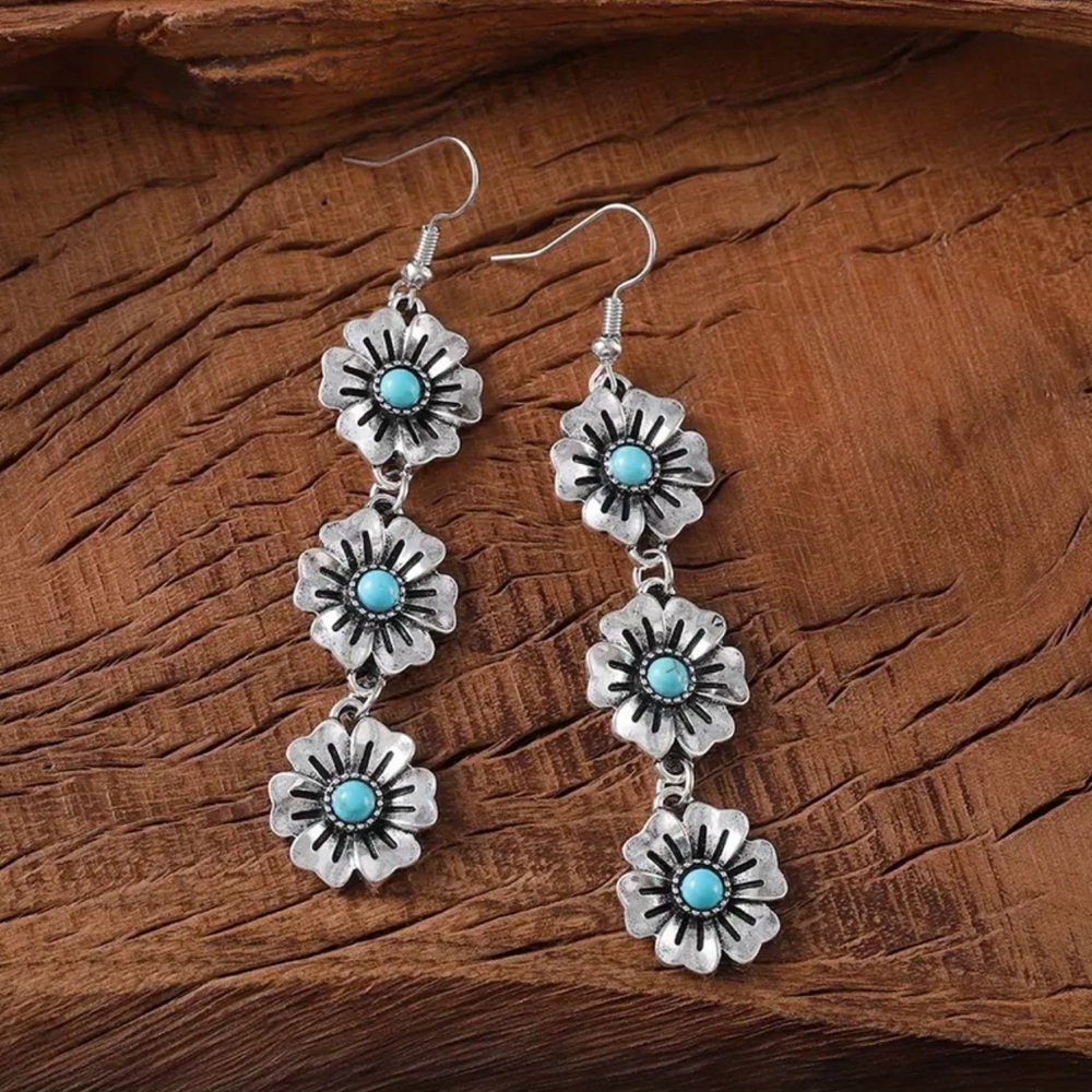 NWOT - Silver and Turquoise Floral Drop Earrings - Picture 6 of 7